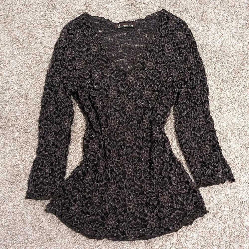 Vintage Y2K woodland fairy glitter brown floral lace deep v-neck long sleeve